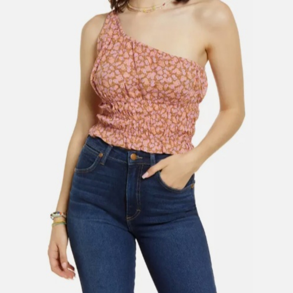 Bp.one shoulder crop top Sz L RAYON FLORAL‎ cottagecore fairycore boho WESTERN